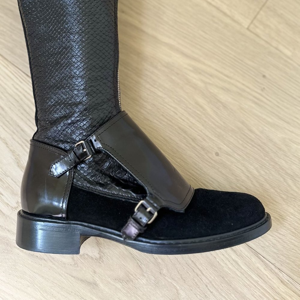 Givenchy Black Suede Snakeskin Leather High Knee Boots Sz 37 US size 7